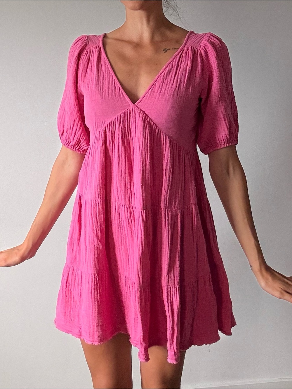 aerie Bright Pink V-Neck Tiered Mini Dress